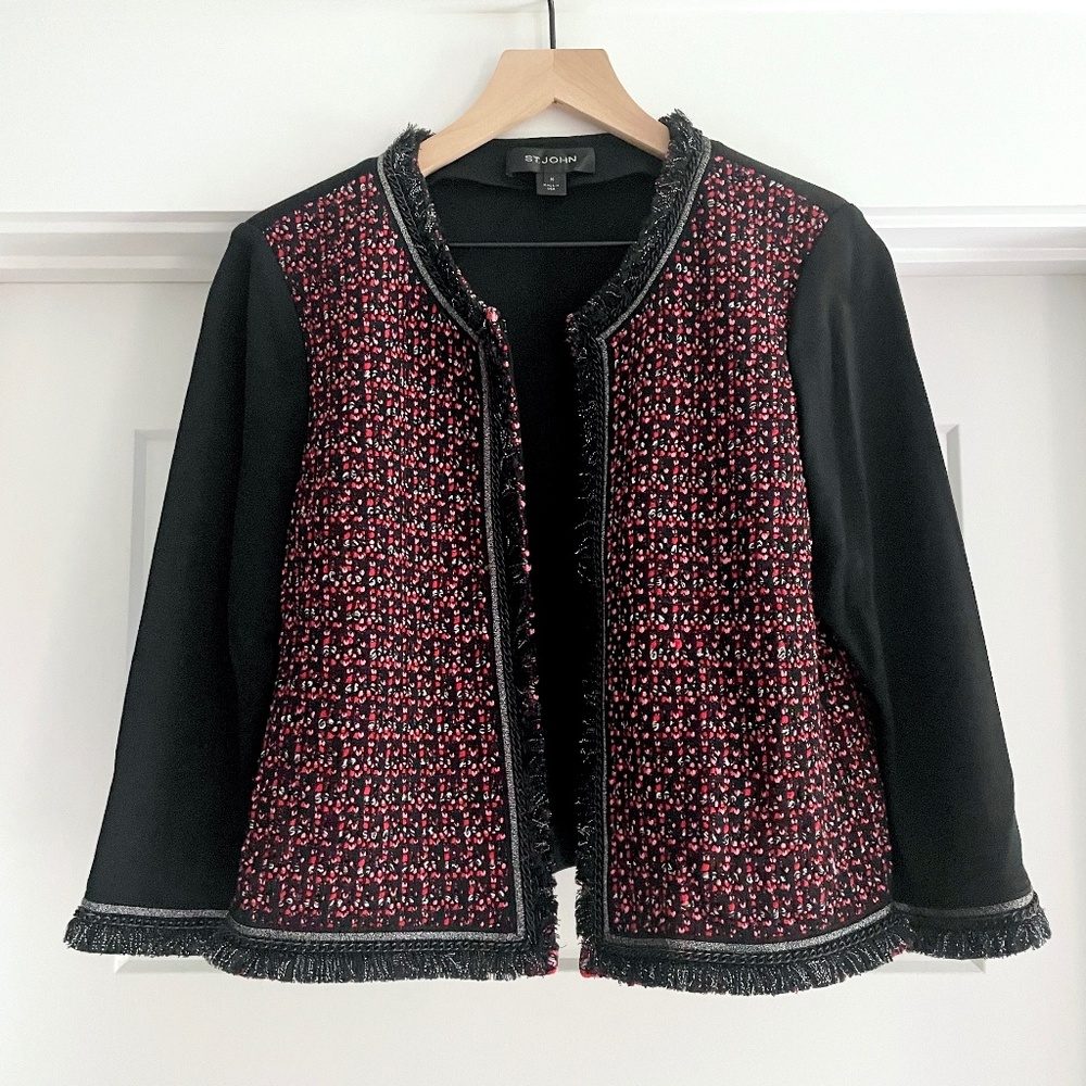 St John Tweed Fringe Cropped Evening Jacket Blazer Milano Knit Size 10 Medium